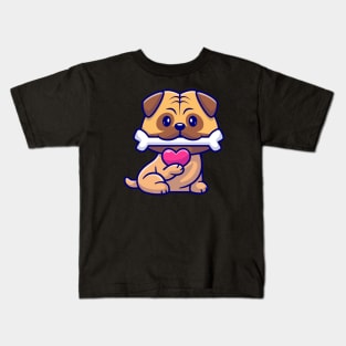 Cute Pug Dog Bite Bone And Holding Love Cartoon Kids T-Shirt